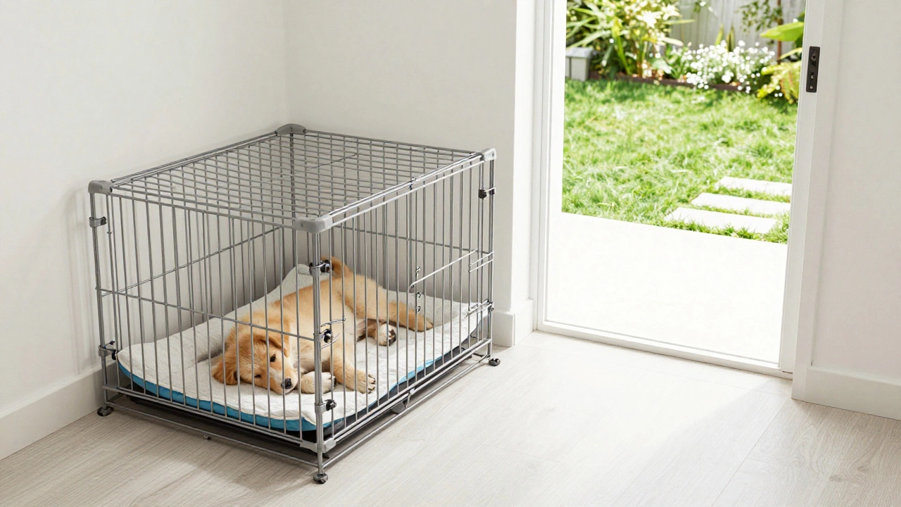 Puppy resting in a training crate next to an open door leading to a garden