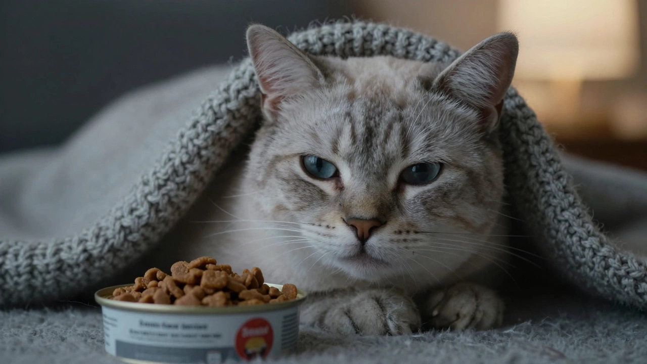 Senior cat resting on a blanket next to a small portion of specialized food