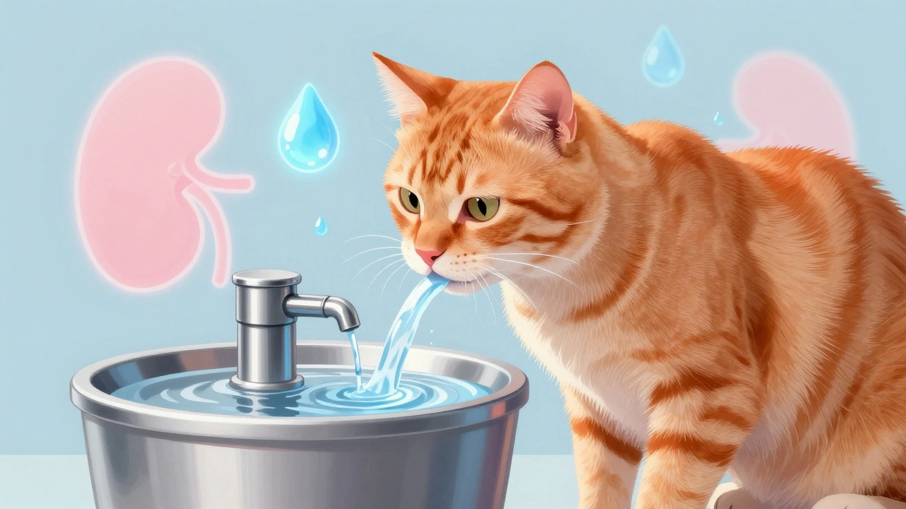 Cat drinking from a water fountain with health symbolism