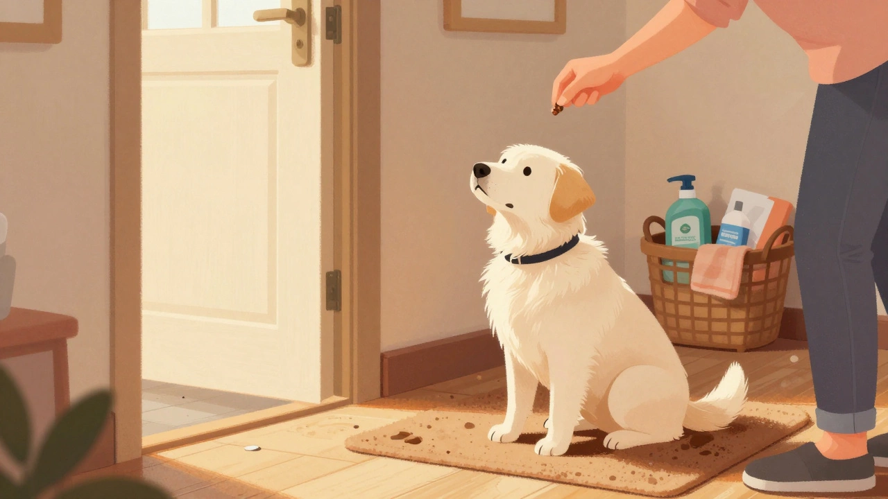 Clean dog sitting patiently for a treat in a cozy living room