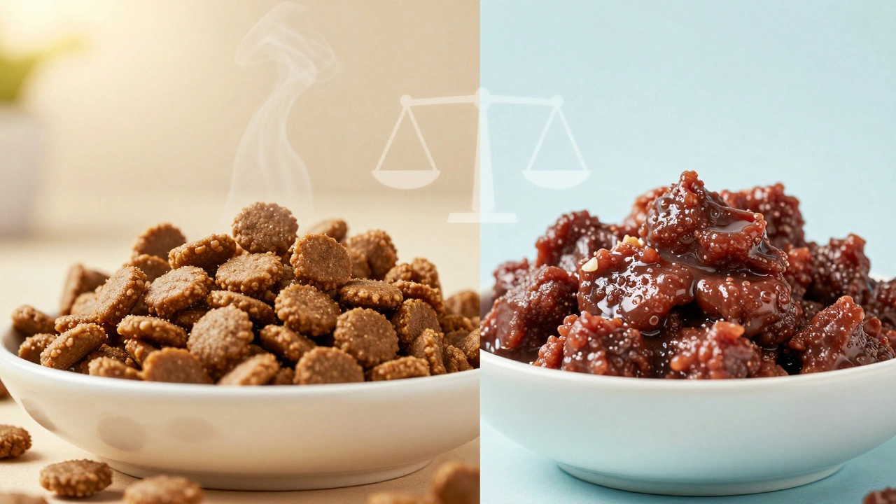 Comparison of dry kibble and wet canned dog food in bowls