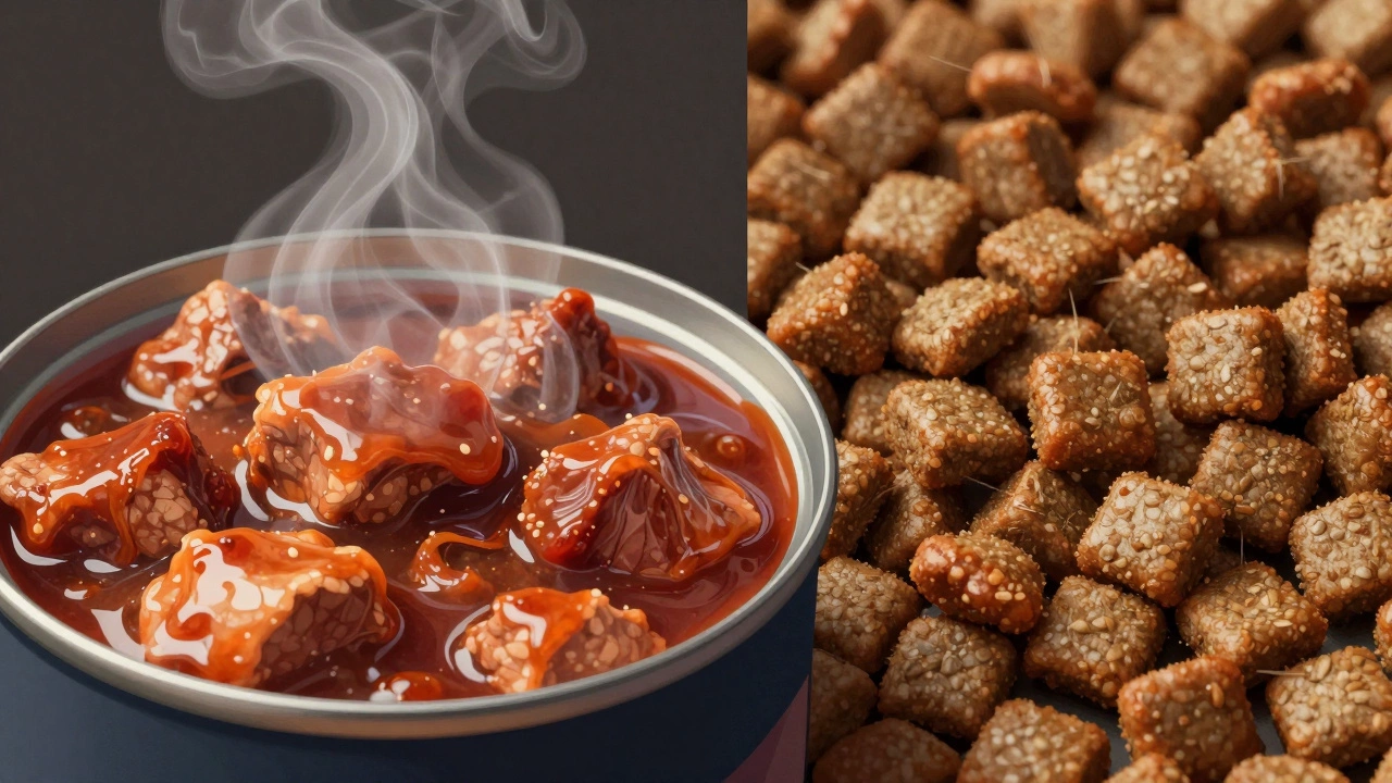 Comparison of steaming wet dog food and dry kibble textures