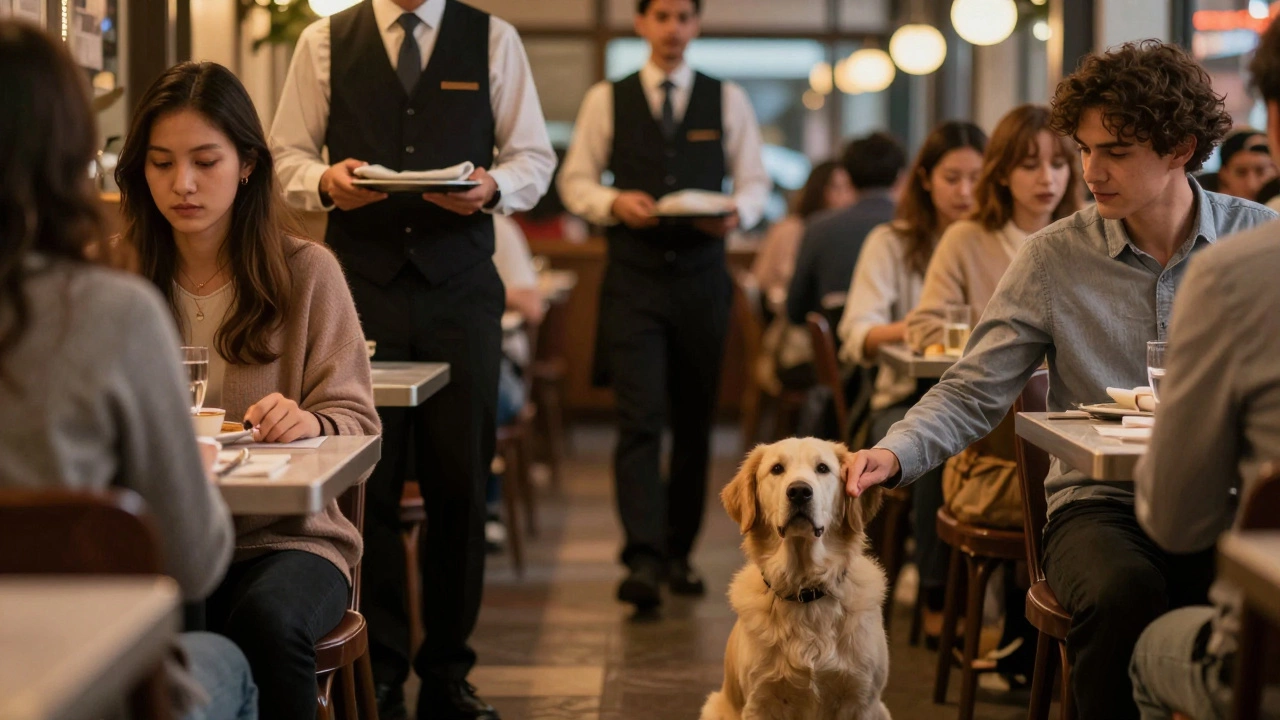 Diner respects service dog by keeping distance instead of petting it in a restaurant