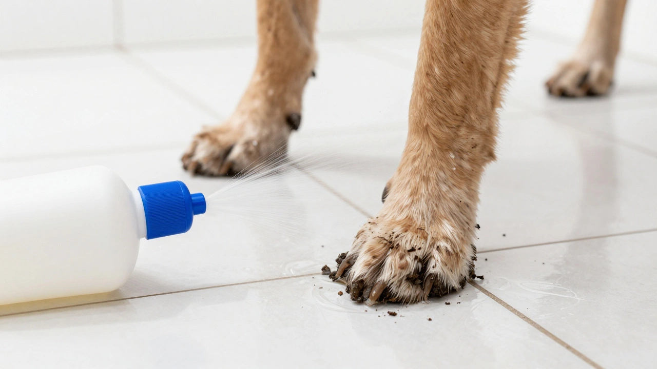 Dog paws being rinsed with water on a clean tiled entryway floor
