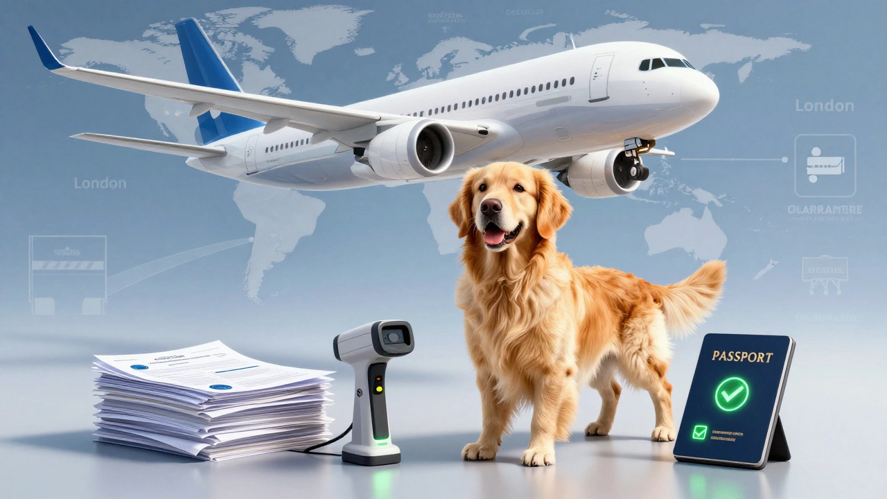 Dog with travel docs ready for international flight