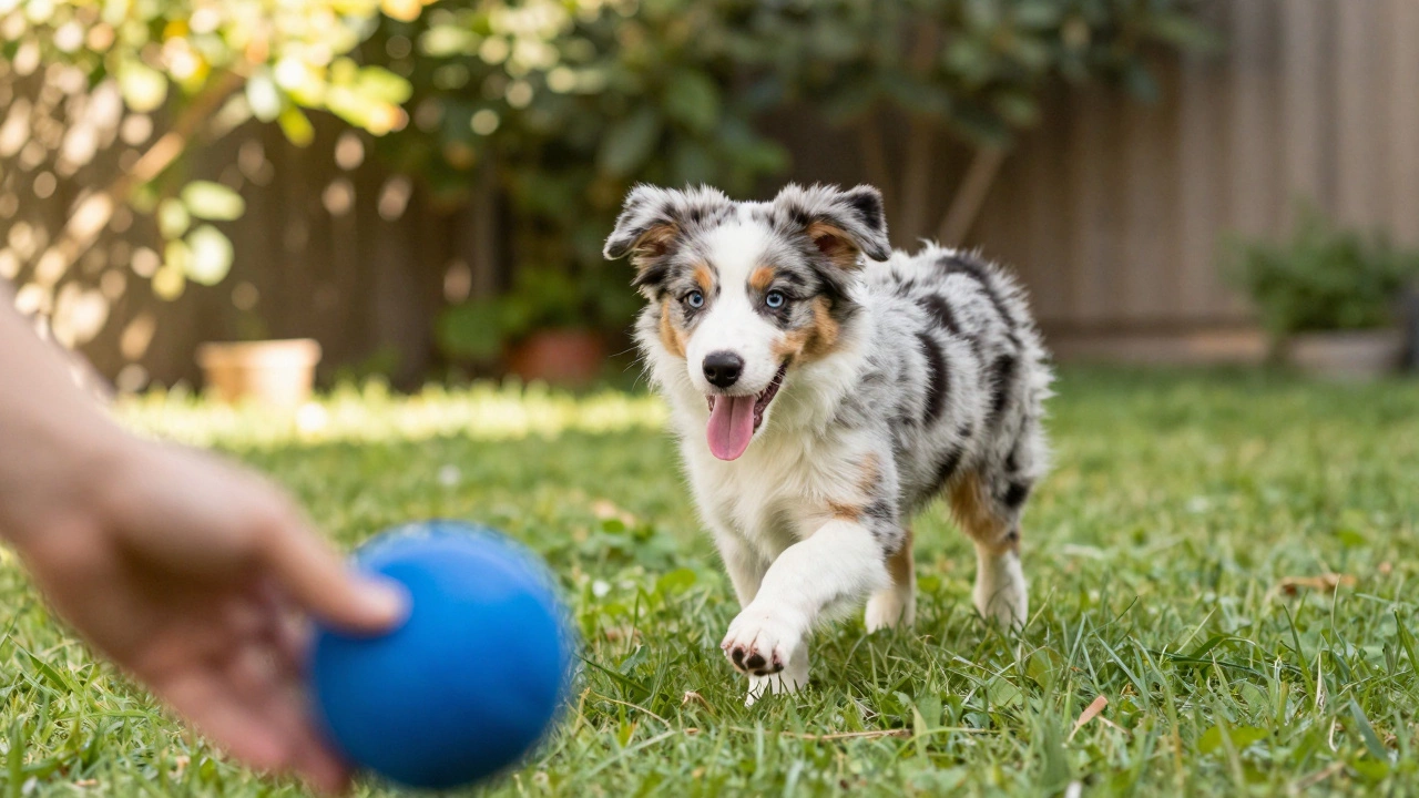 Energetic puppy chasing a blue ball in a sunny garden