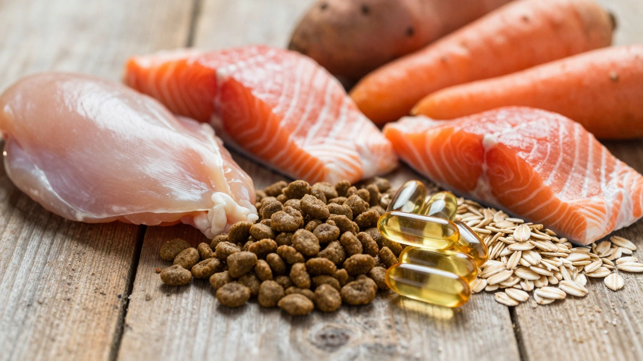 Fresh meat, vegetables, and grains arranged as healthy dog food ingredients