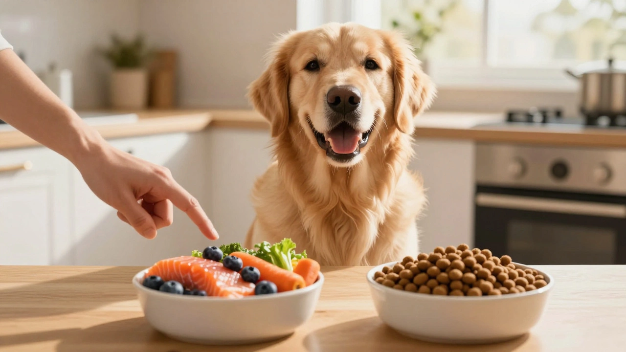 Happy dog choosing fresh whole foods over processed kibble in kitchen