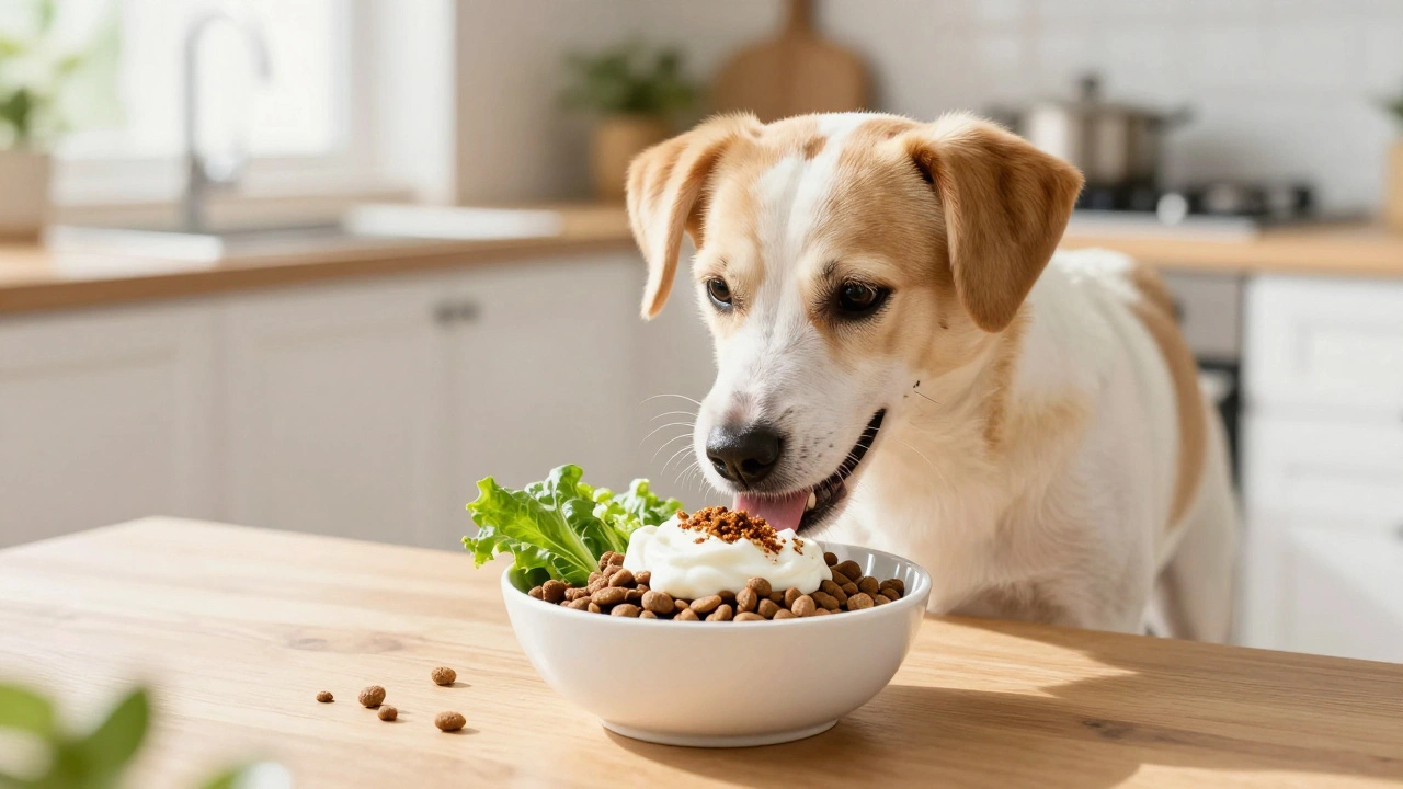 Happy dog eating kibble topped with yogurt and liver powder