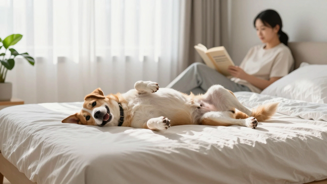 Happy dog stretching out on a mat in a sunlit bedroom