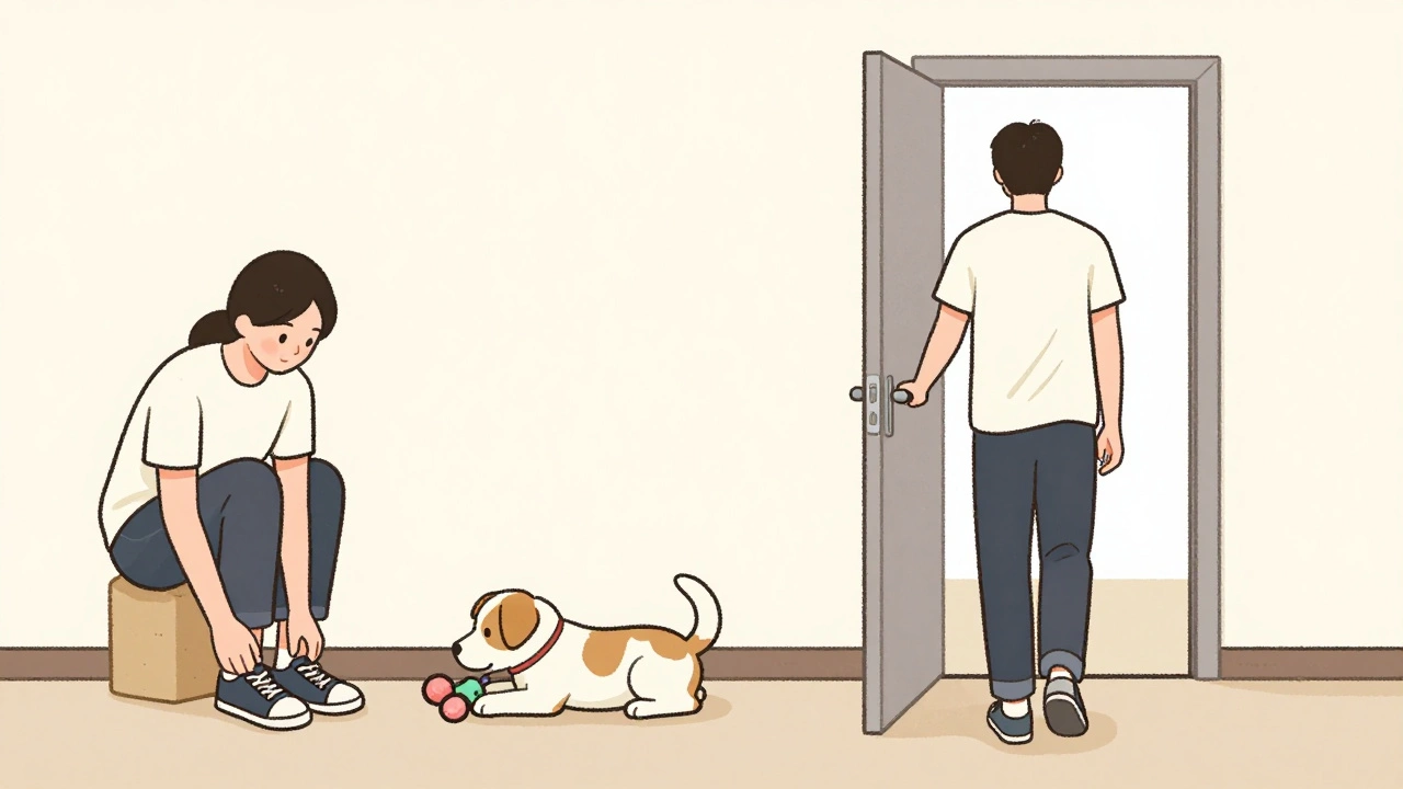 Illustration of calm owner leaving and returning briefly as part of puppy training.