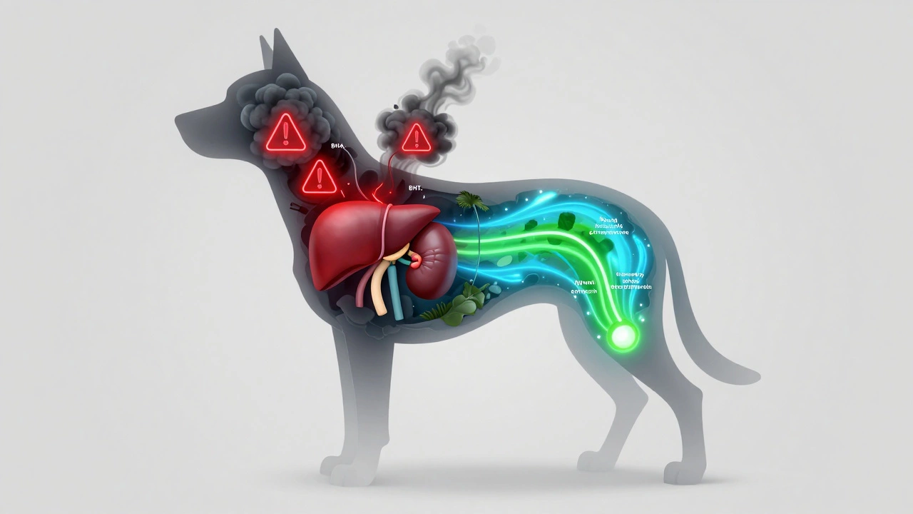 Illustration showing toxins damaging dog organs versus natural nutrients