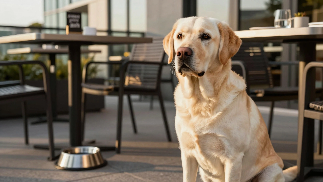 Labrador sitting by outdoor patio table at National Harbor restaurant