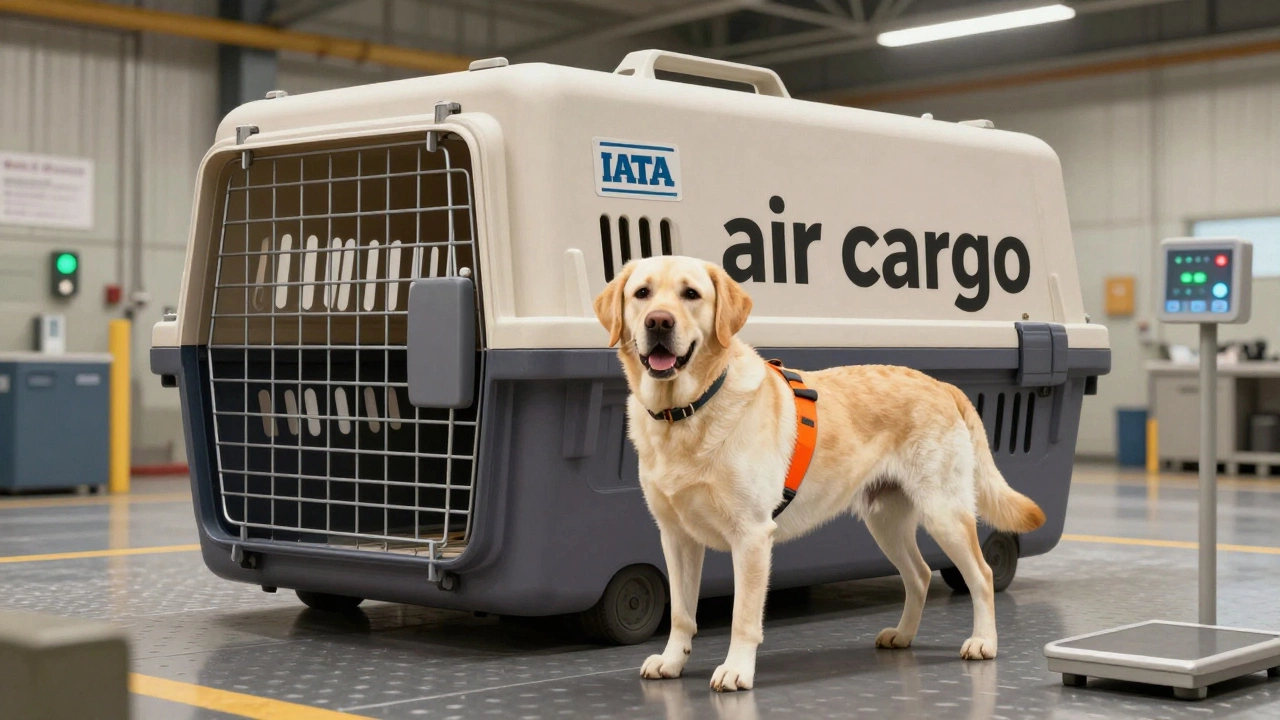 Large dog beside heavy-duty cargo crate in freight facility