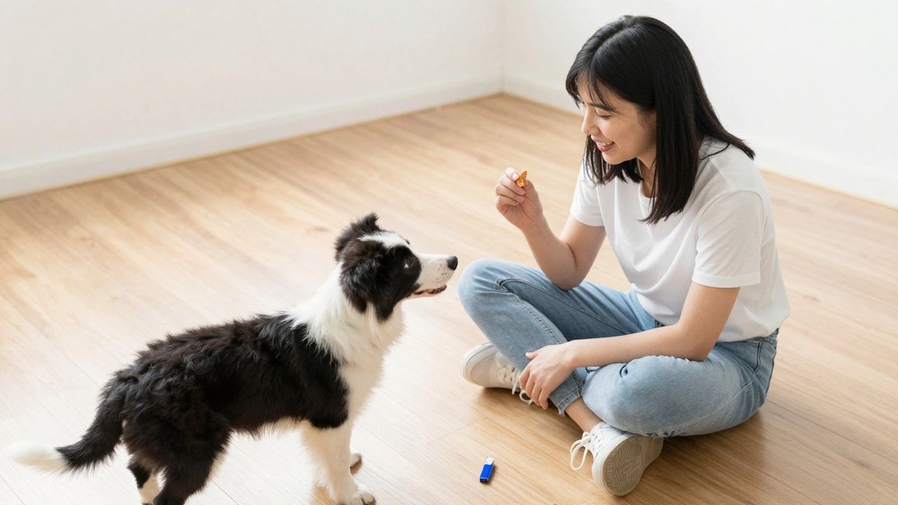 Owner rewarding puppy with treat during name training