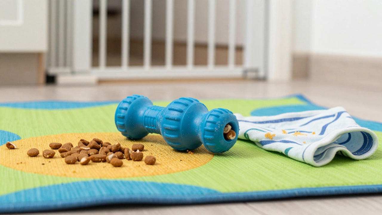 Puppy play area with puzzle feeder, chew toy, and comfort item behind a baby gate.
