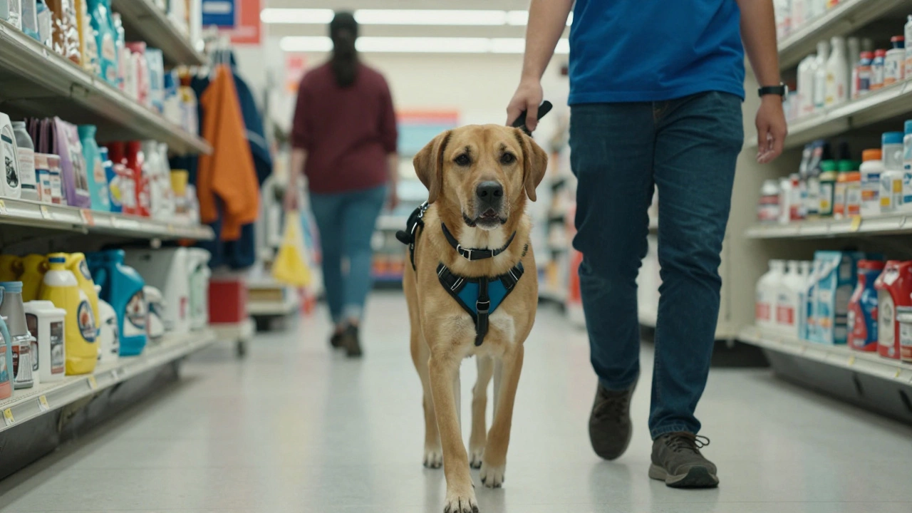 Service dog walking calmly through a Target store aisle with handler