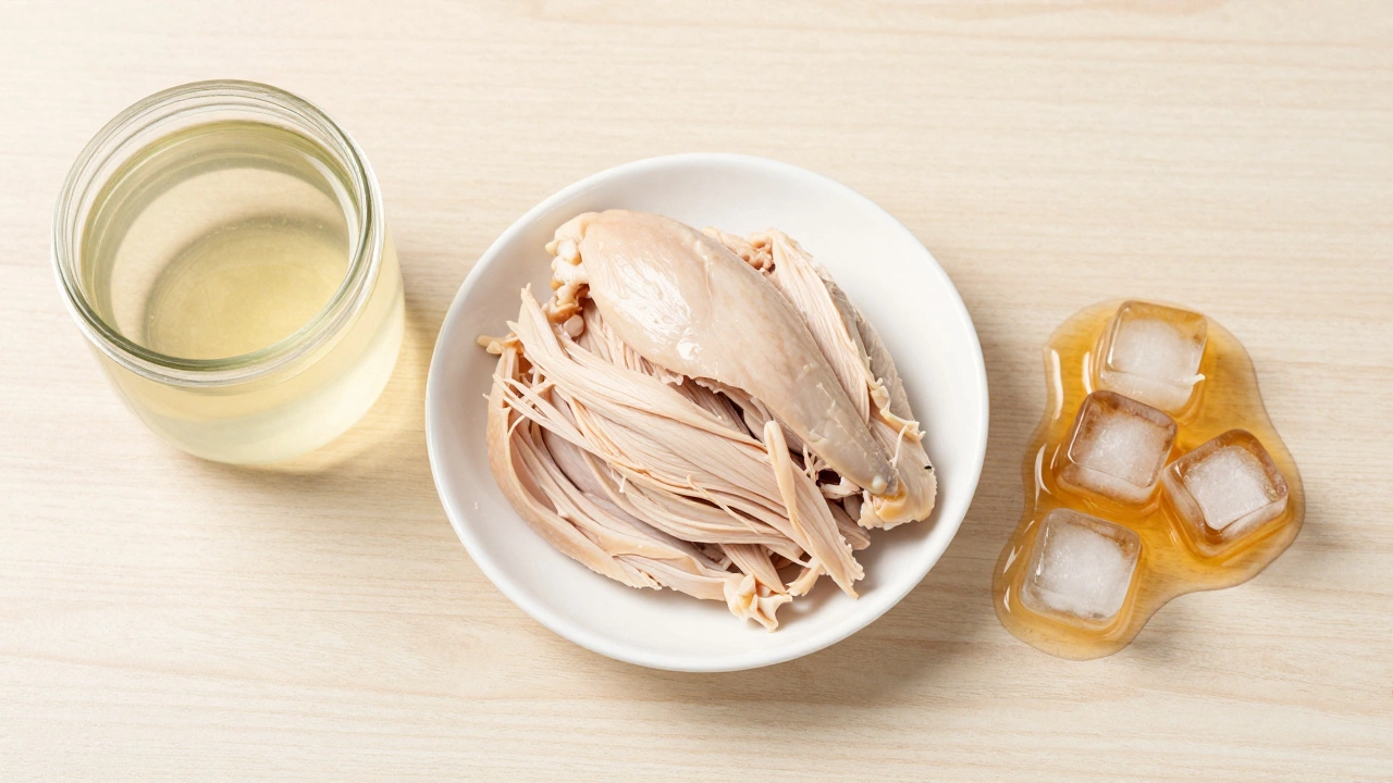 Shredded chicken, bone broth, and tuna juice for cat hydration