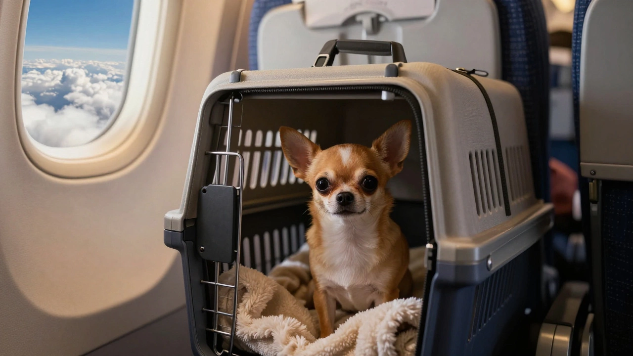 Small dog resting in carrier under airplane seat during flight