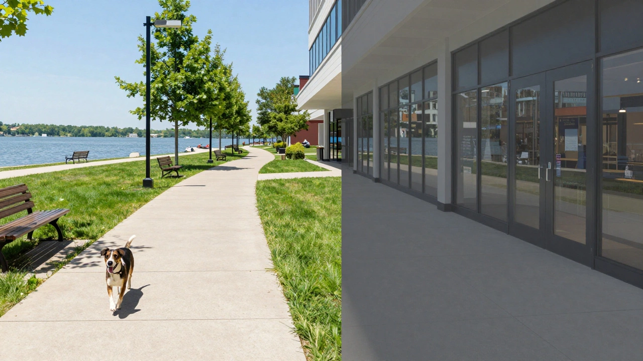 Split image showing dog-friendly park path and restricted store entrance