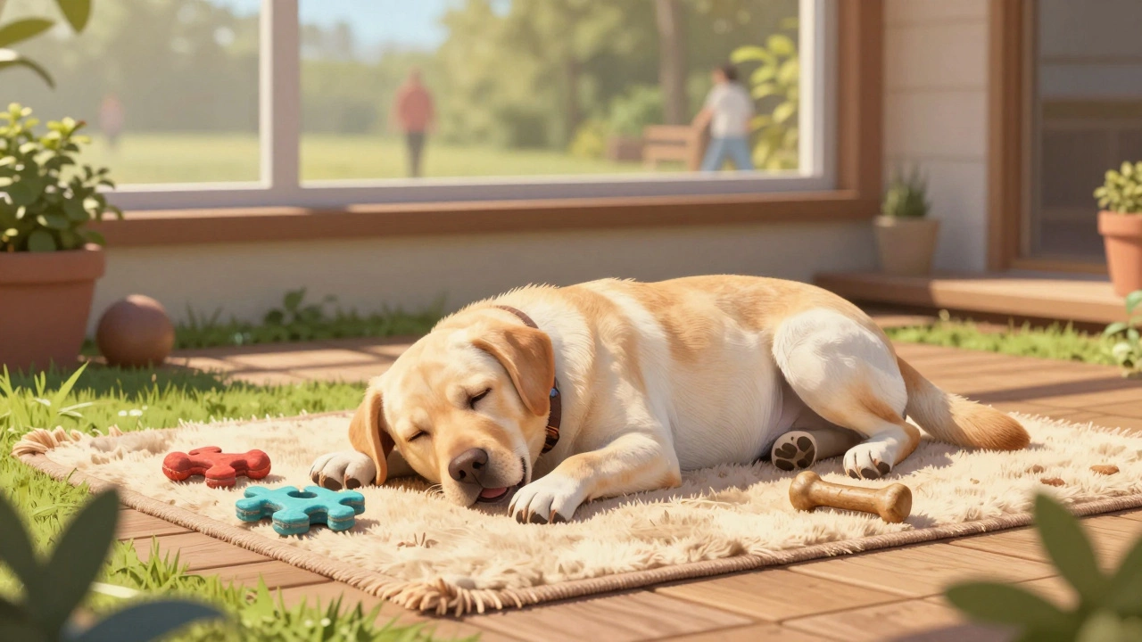 Tired dog resting with puzzle toys, illustrating exercise as a bark deterrent.