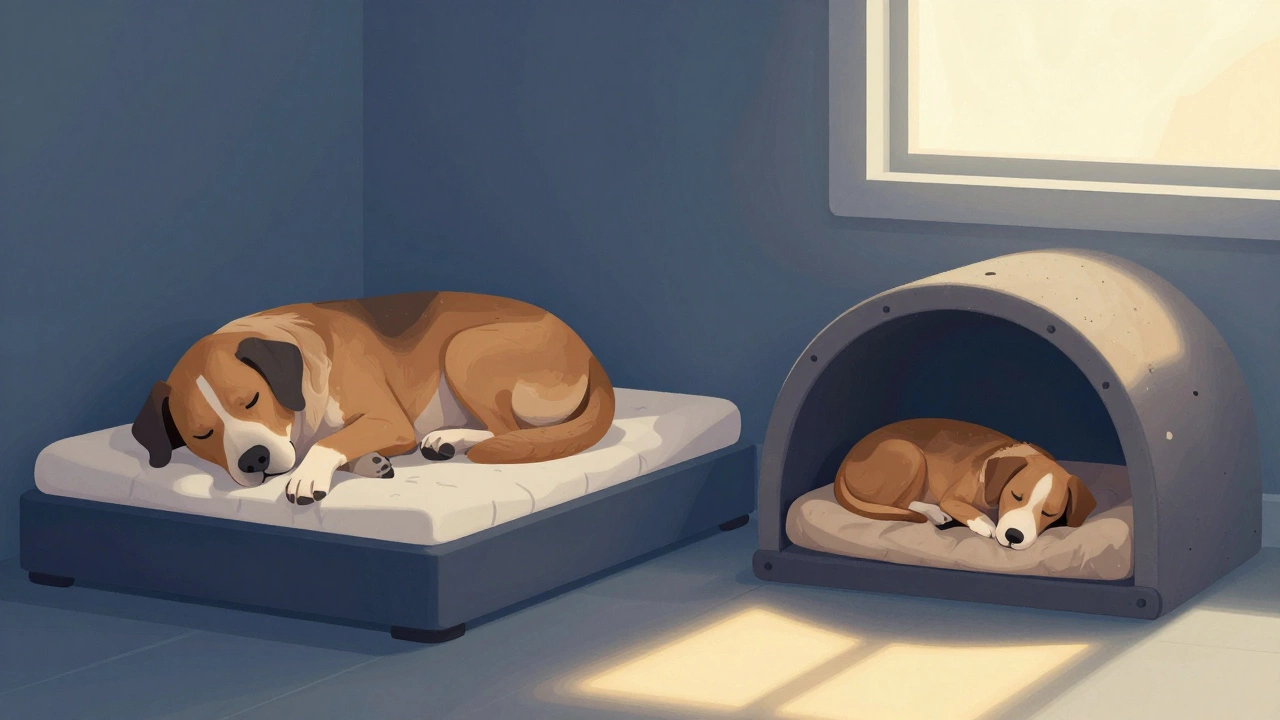 Two dogs resting on different beds showing varied sleep needs