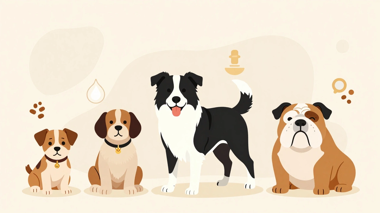 Vector illustration of puppy, adult, and senior dogs with dietary cues