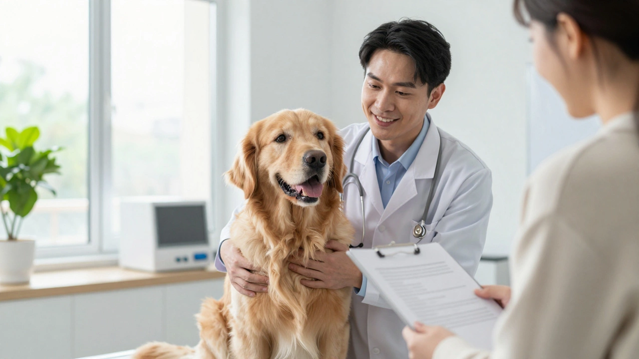 Veterinarian consulting with a dog owner in a bright clinic