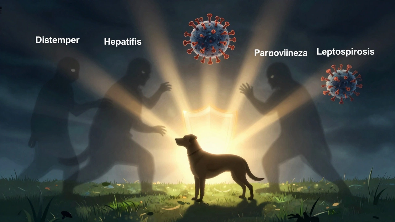 Abstract art showing a vaccine shield protecting a dog from disease shadows