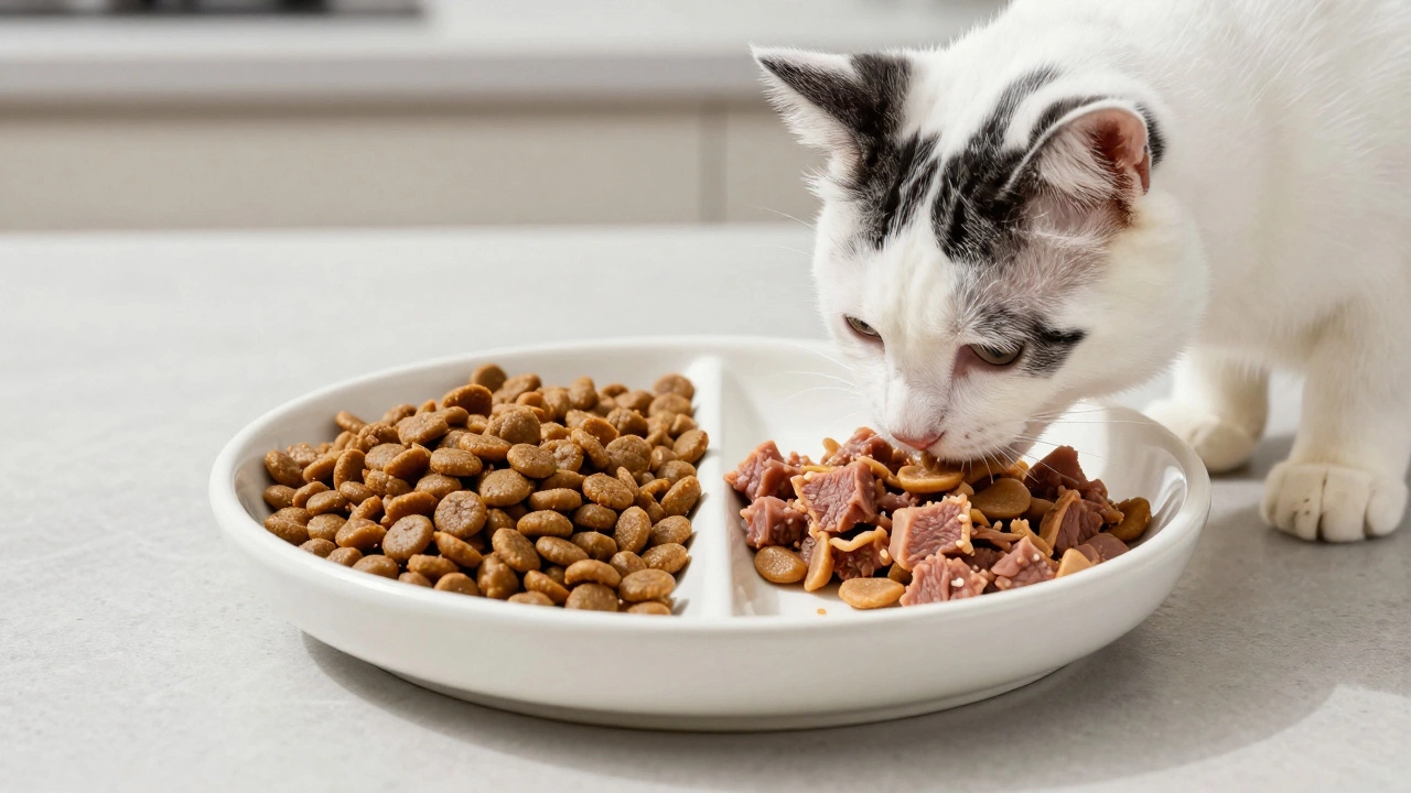 Cat eating only wet food from a divided plate, leaving dry kibble untouched