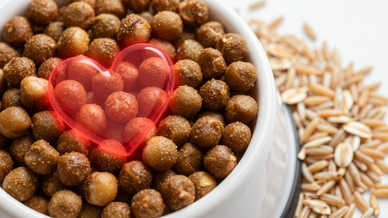 Close-up of dog kibble with symbolic red hearts indicating health risks