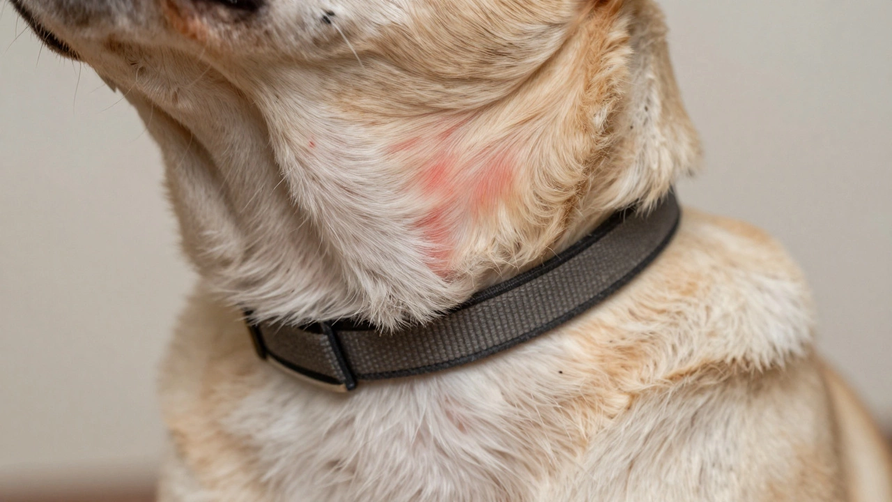 Close-up of dog neck showing red marks under collar, illustrating skin irritation risk