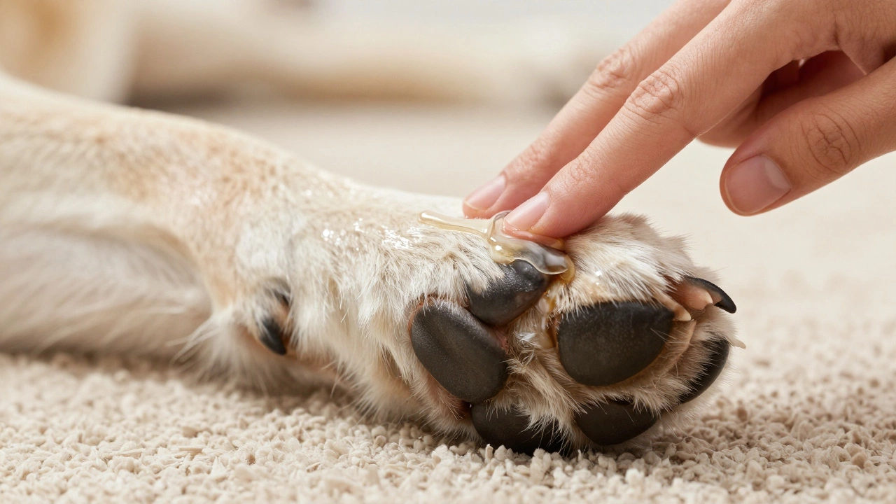 Close-up of hand applying coconut oil to a dog's paw pad