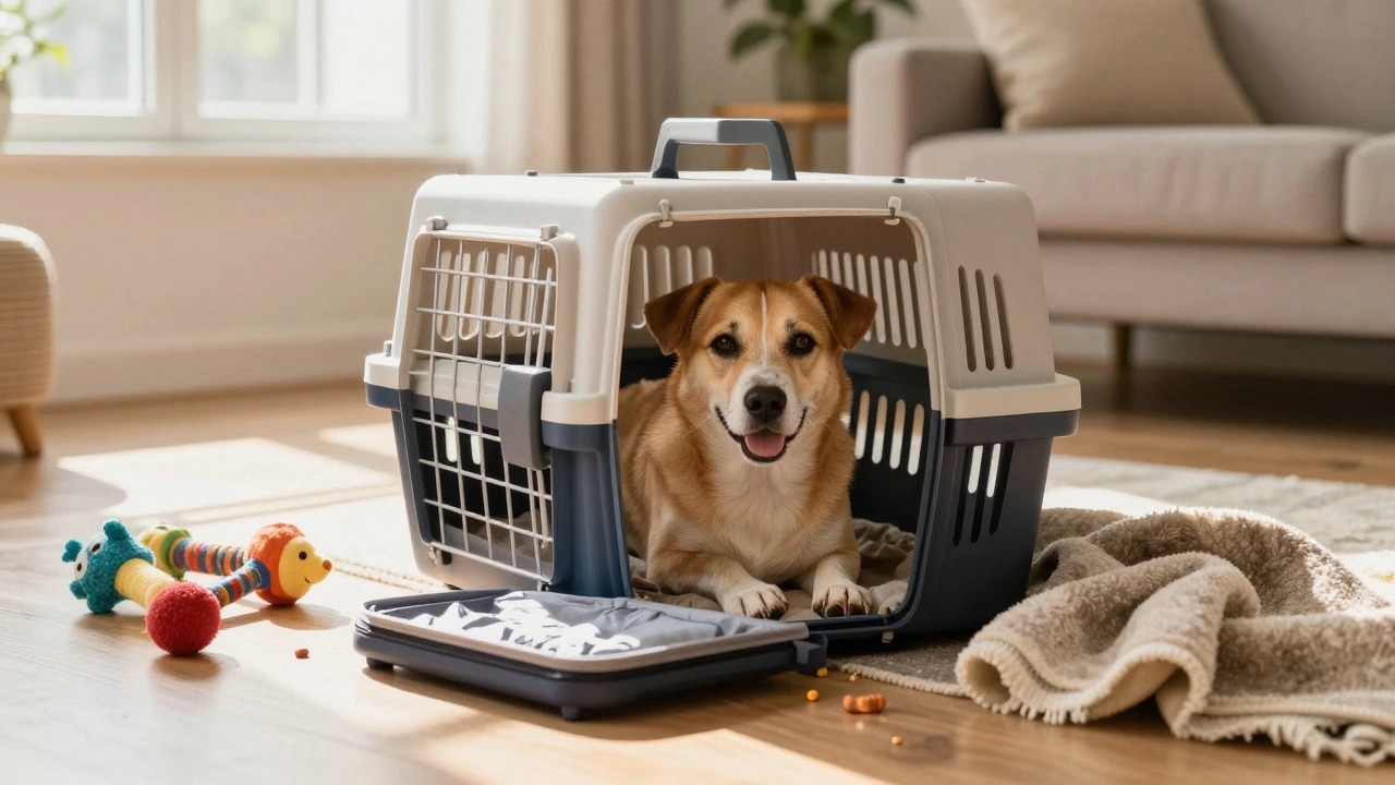 Dog relaxing in a carrier at home with toys