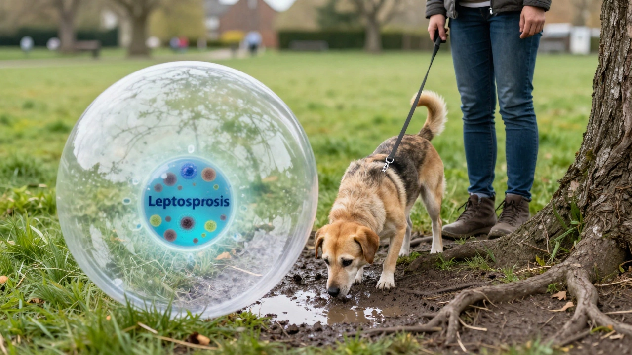 Dog sniffing near a muddy puddle in a park with a protective glow