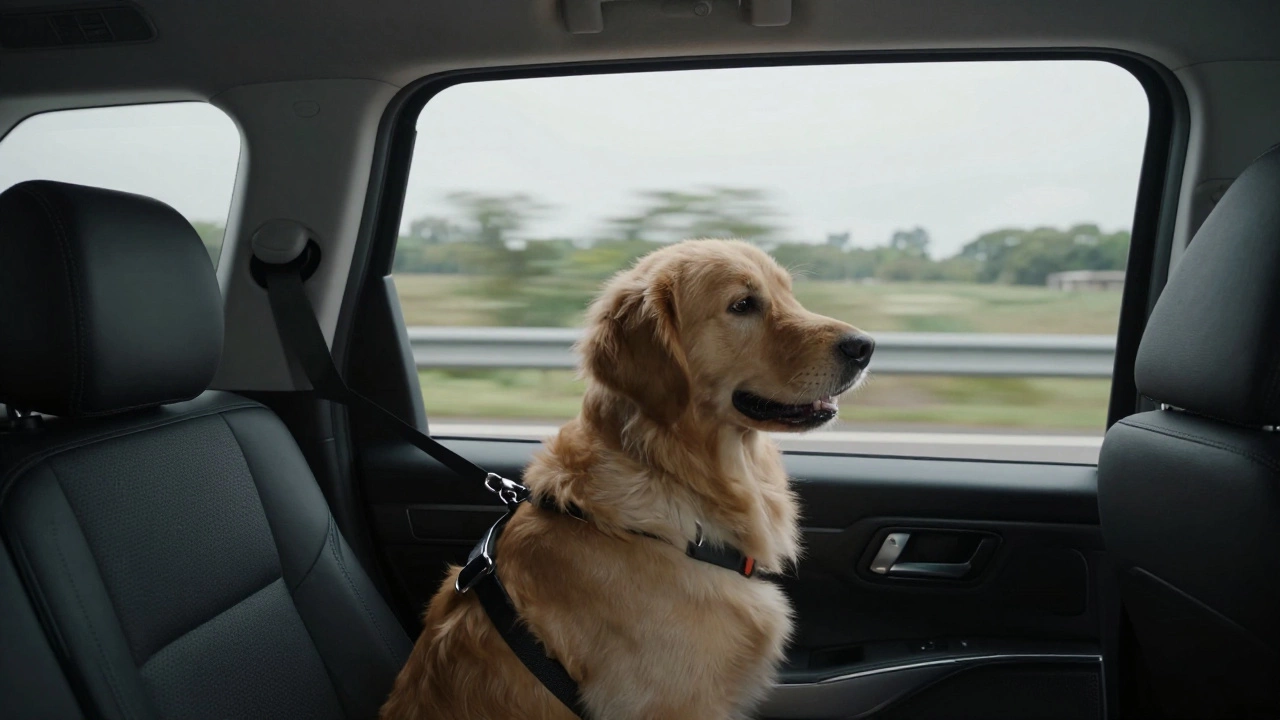Dog wearing a safety harness sitting calmly in a moving car