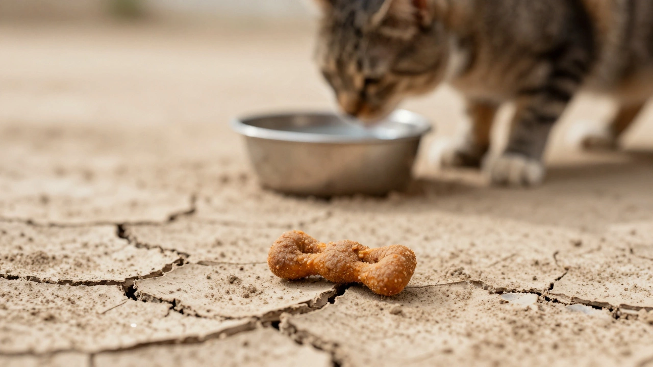 Dry kibble on cracked earth symbolizing feline dehydration