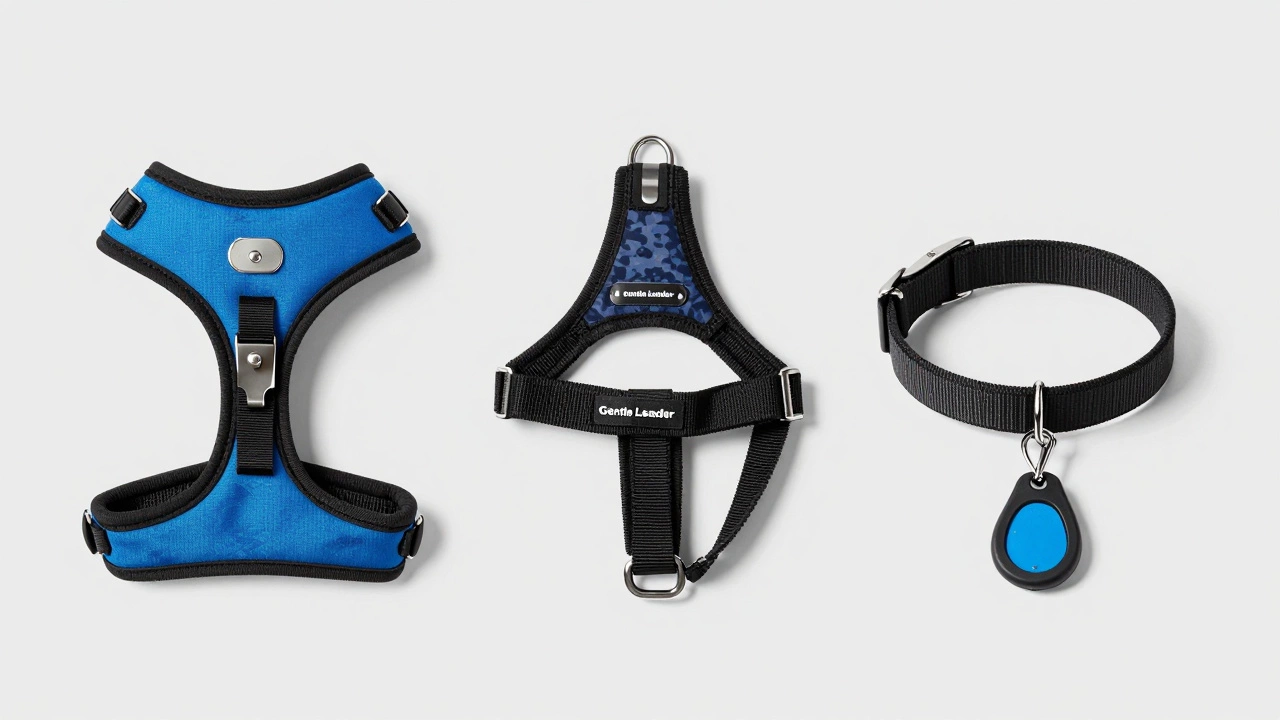 Front-clip harness, head halter, and flat collar displayed