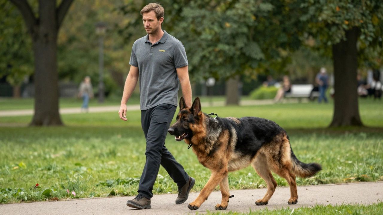 Handler walking a calm German Shepherd using body language