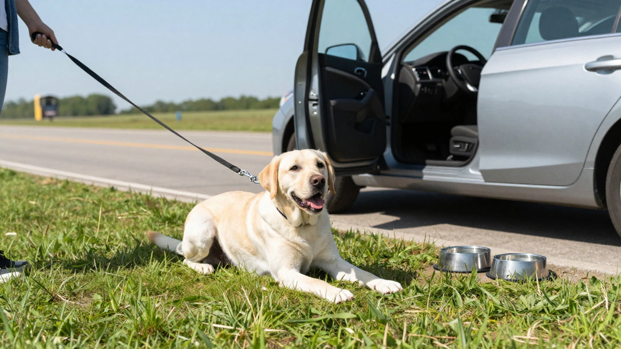 Happy dog stretching on grass at a roadside rest stop