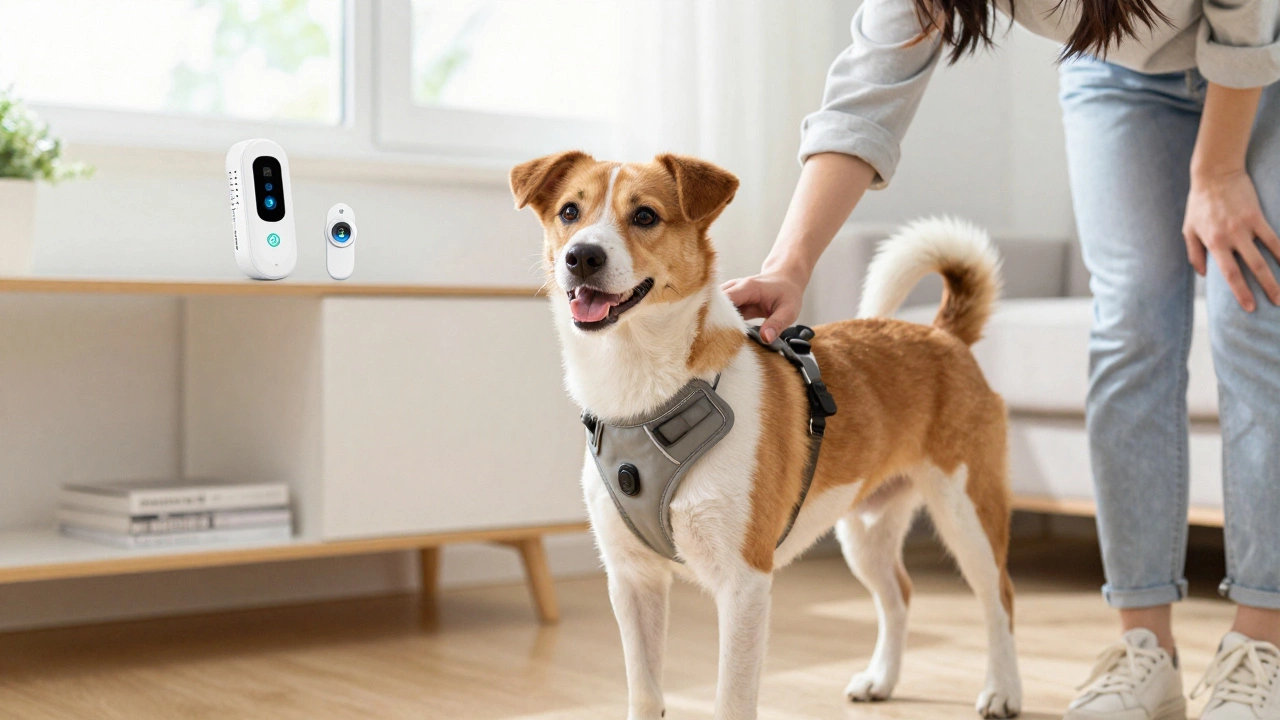 Happy dog wearing a safe harness alternative to collar, with owner nearby