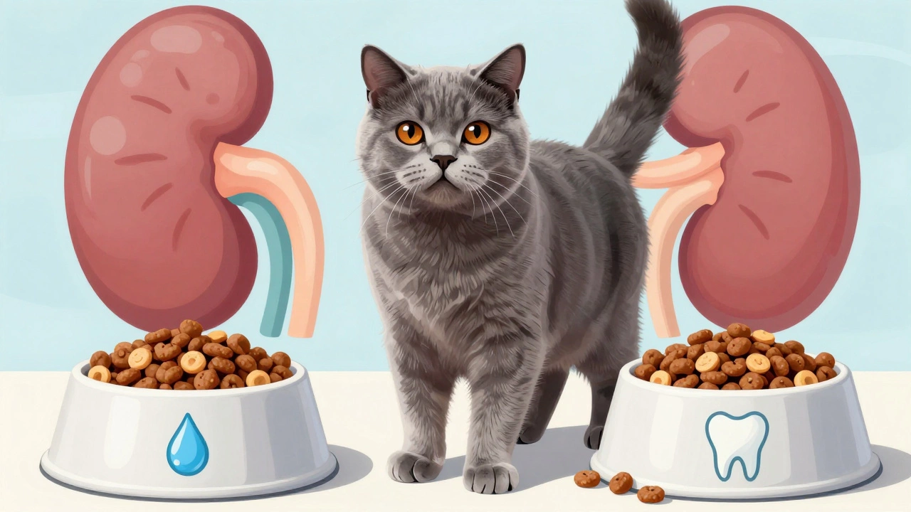 Healthy cat standing by bowls representing wet food hydration and dry food dental benefits