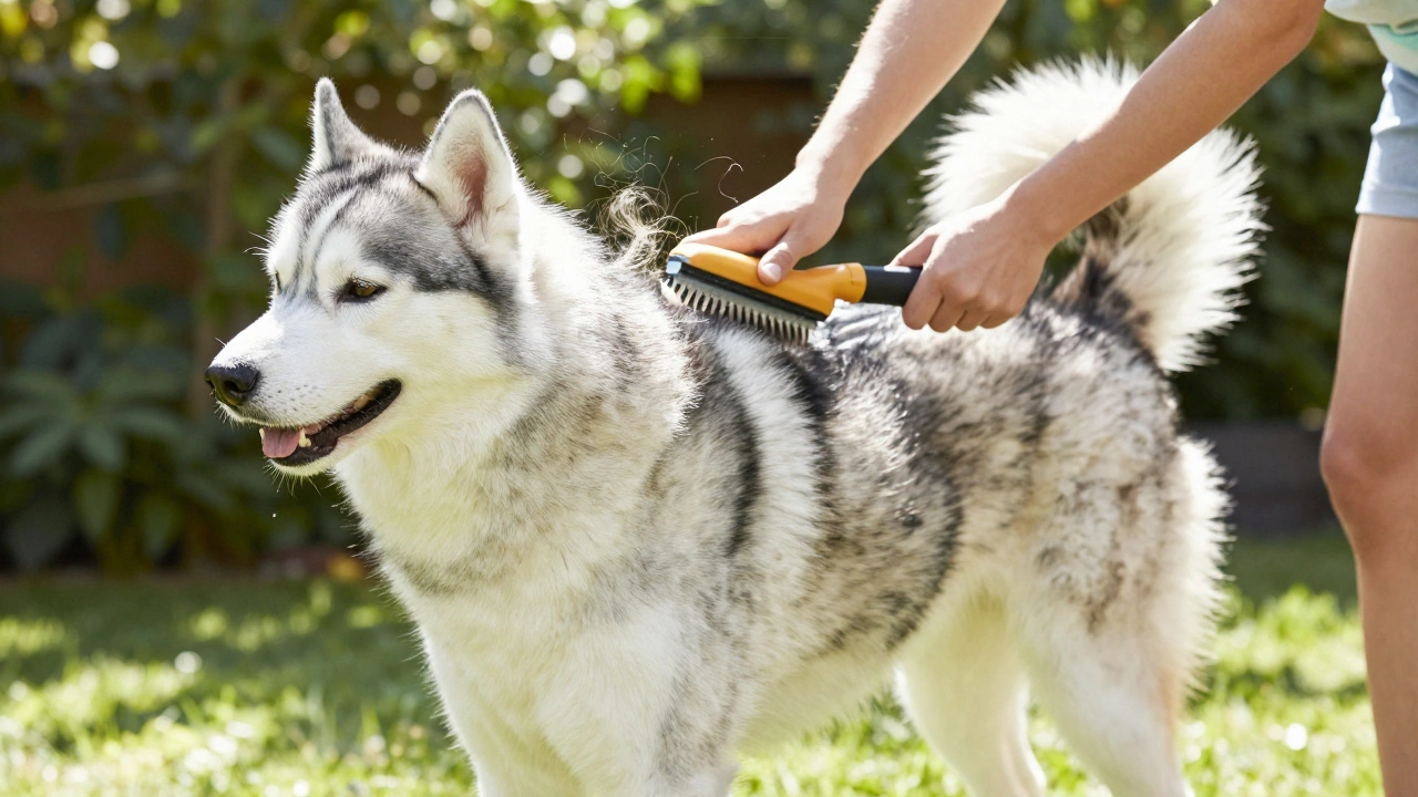 Husky being brushed with an undercoat rake in a sunny garden