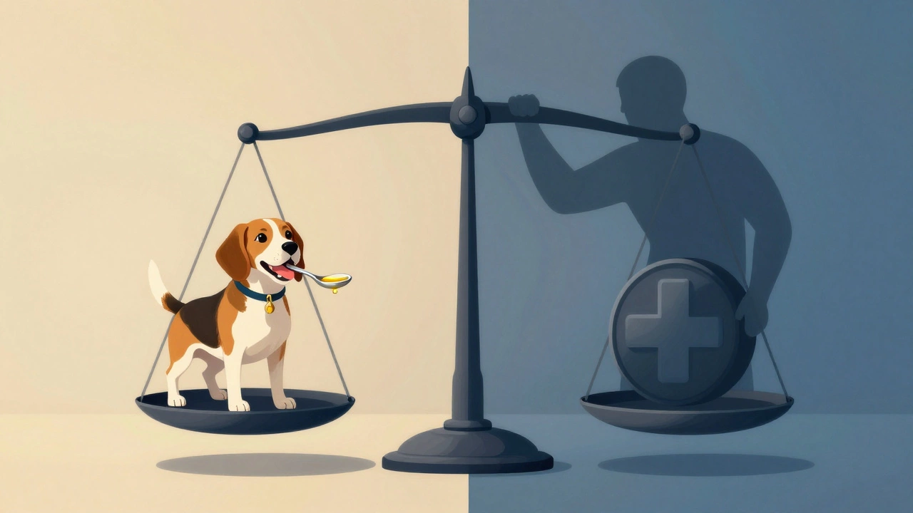 Illustration of a scale balancing a dog with safe oil dosage against health risks