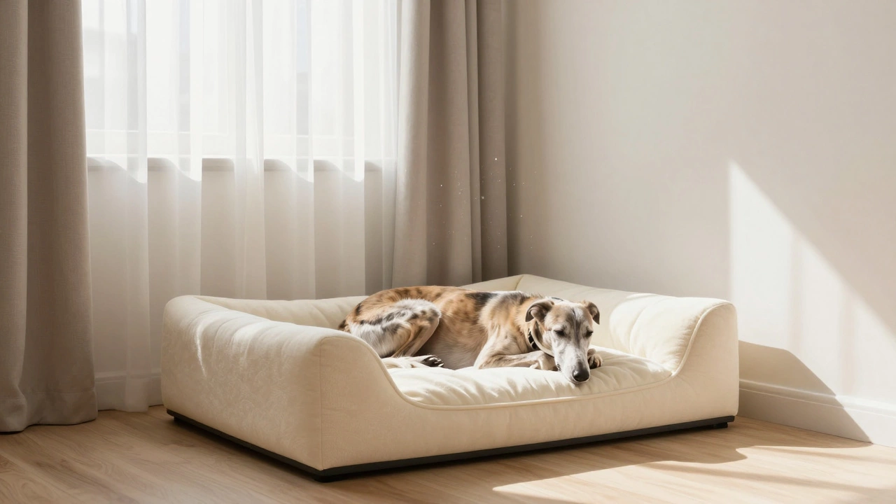Older dog resting on an orthopedic bed in a bedroom corner