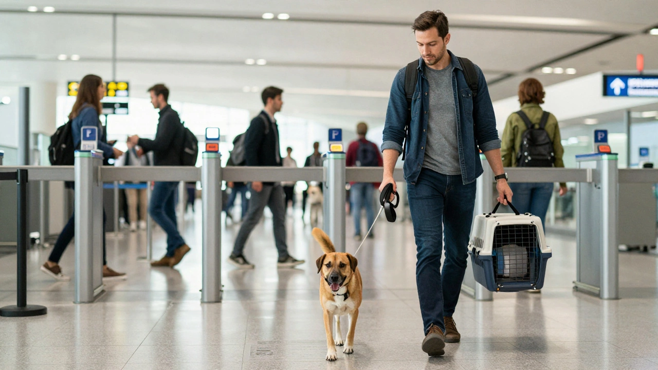 Owner and dog walking through airport security