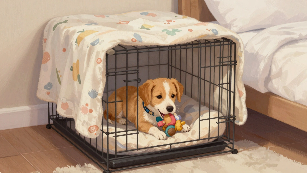 Puppy sleeping comfortably in a covered crate next to a bed