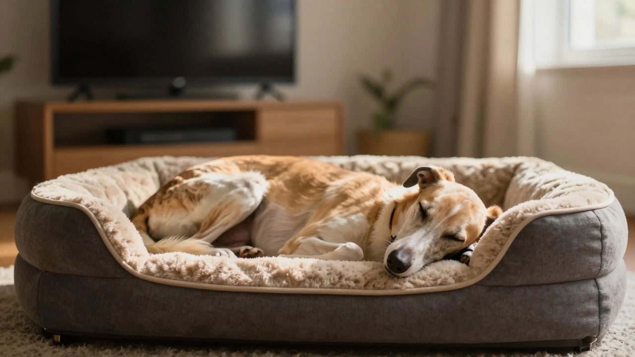 Relaxed dog sleeping on elevated bed away from TV noise