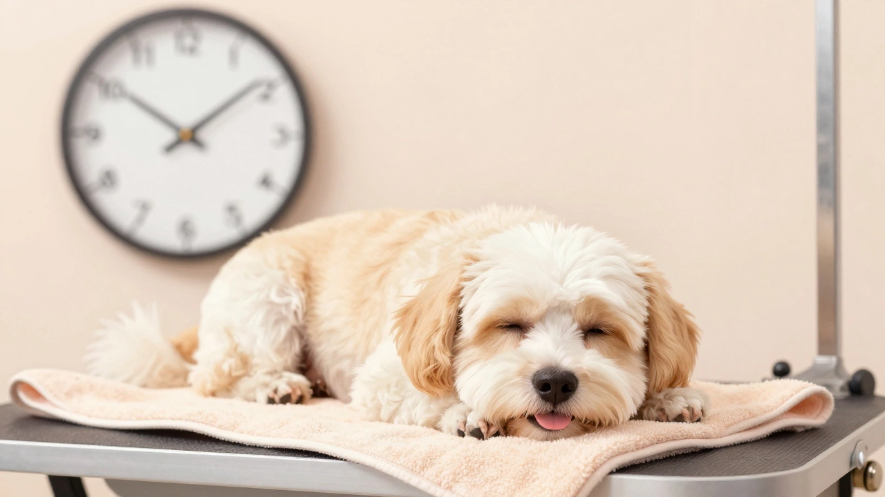 Relaxed, freshly groomed dog resting on a towel in a salon