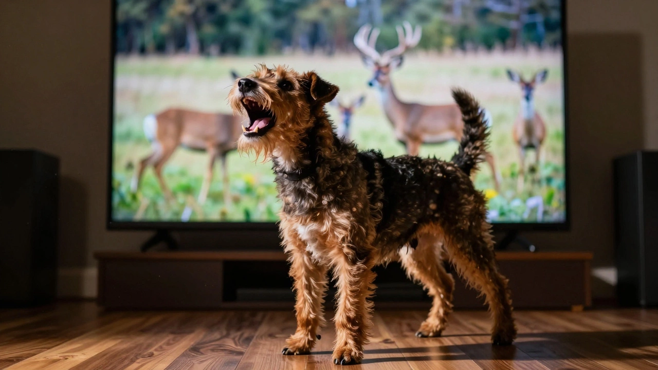 Terrier barking at TV due to prey movement on screen
